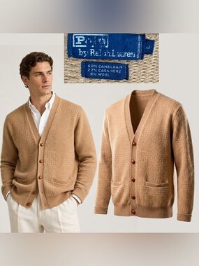 Polo Ralph Lauren Vintage Camel Hair Cashmere Cardigan Sweater Mens L Hong Kong